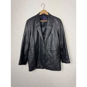 Denim & Co 90s Y2K Black Lamb Leather Jacket Blazer Vintage Style Womens Large